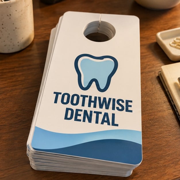 Customer photo of custom door hangers on a desk