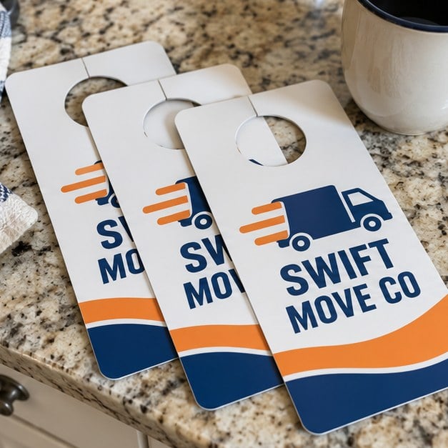 Customer photo of custom door hangers on a counter