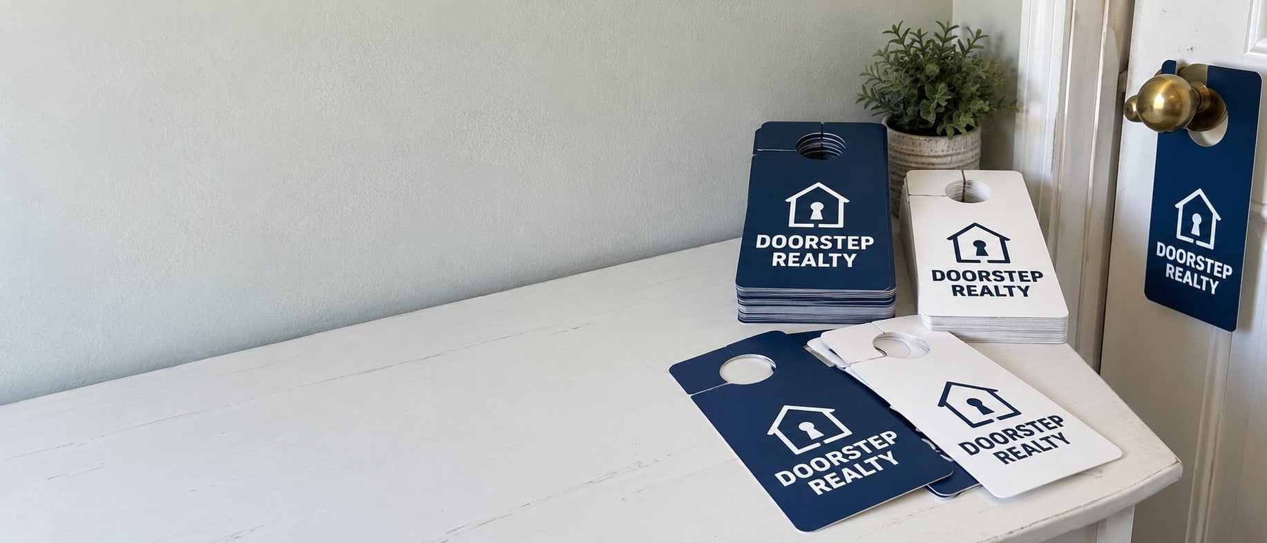 Custom printed door hangers fanned out on a table